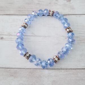 Blue Beads with Clear Gems/Metal Spacer Beads Stretch Bracelet